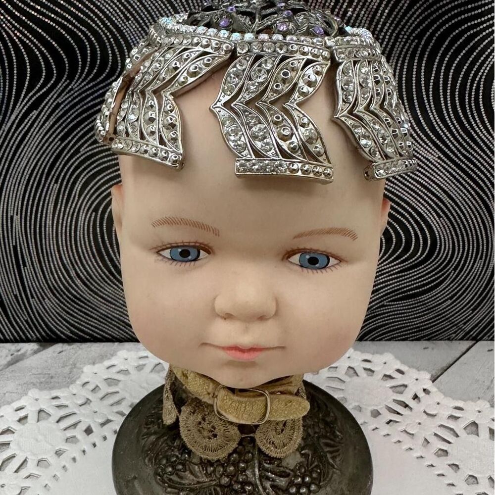 Whimsical Assemblage Doll Bust w/Ornate Metal Crown, VTG-Inspired Altered Art